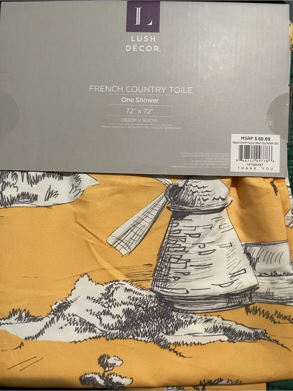 French Country Toile Yellow Gray Shower Curtain with Scenic Pattern Lush Decor